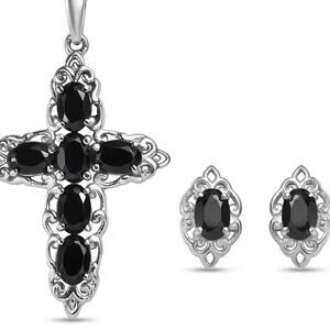 Black Spinel 4.9 ctw Earrings & Cross Necklace (20 ") Stainless Steel NWB